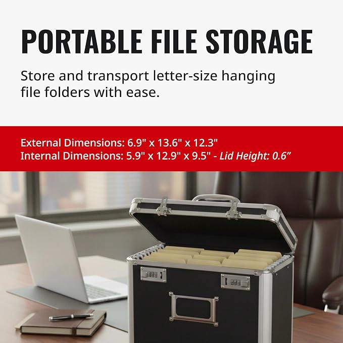 Vaultz File Organizer Storage Box, Letter Size, 14 x 7 x 12.19 In, Black | Locking storage tote with dual combination locks, keeps office documents secure and organized for filing needs