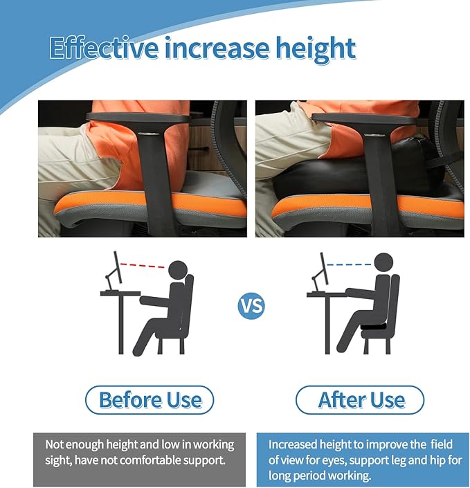 YOUFI Leather Seat Cushion Extra-Thick Booster for Office Chair to Rise Height - Full Filling for Support - with Breathable Cover, Handle and Buckle - Relieves Back Pain – 18"x16"x6" (Black)