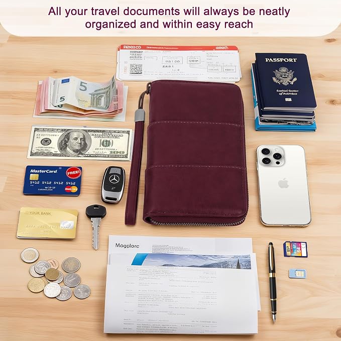 RFID Family Passport Holder Wallet - Travel Document Organizer | PU Leather, with Wristlet, Zipper, Cards, Boarding Pass, ID, Cash, Ticket Pockets,Travel Essentials Gifts for Women Men