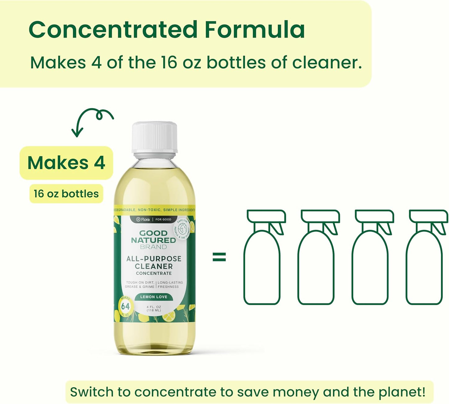 Good Natured Brand All-Purpose Cleaner Concentrate | Multi-Surface Cleaner | Natural Lemon Essential Oil | Multipurpose Cleaner Concentrate All Surfaces | Lemon Love | 4oz makes 64oz