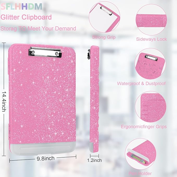 Glitter Clipboard with Storage,Storage Clipboard with Pen Holder,A4 Binder Clip Boards 8.5x11 with Low Profile Clip,Side Opening Sparkle Clipboards, Clipboards Folder for Office Supplies-Rose Pink
