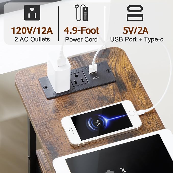 Narrow End Table with Charging Station, Small Nightstand | Skinny Side Tables Living Room with 2 Fabric Drawers, Slim Bedside Table for Bedroom, Small Spaces, Couch, Brown