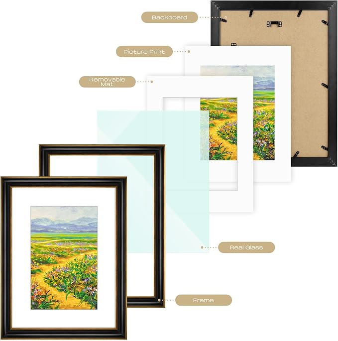 Golden State Art, 12x16 Photo Frame With Mat for Pictures 8x12 and Real Glass (Black With Antique Gold Trim - White Color Mat, 1.25 Inch Frame Border)