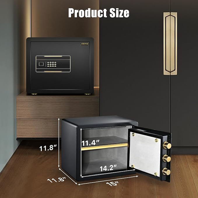 Home Safe Box, 1.2 Cubic Feet Security Safe with Fireproof Waterproof Money Bag, Digital Keypad and Dual Key System, Personal Lock Money Box for Home Office Valuable Document Black