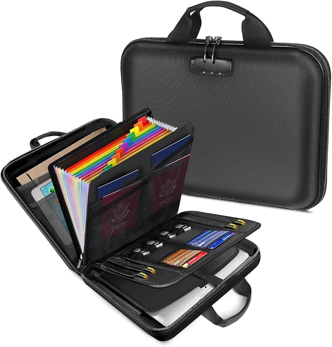 Fireproof Document Organizer with Lock for Important Documents, File | 13-Pocket Accordion Folder, Fire & Water-Resistant, Portable Home Office Travel Safe Box Storage for Laptop, Hard-Shell Case