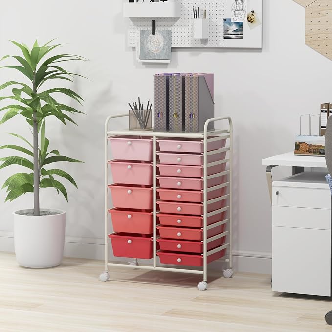 GLACER 15 Drawers Rolling Storage Cart, Steel Frame Craft Organizer Cart | Utility Cart w/Lockable Wheels & Sleek Handle, Mobile Art & Tool Supply Trolley for Teacher, Home, School, Office (Pink)