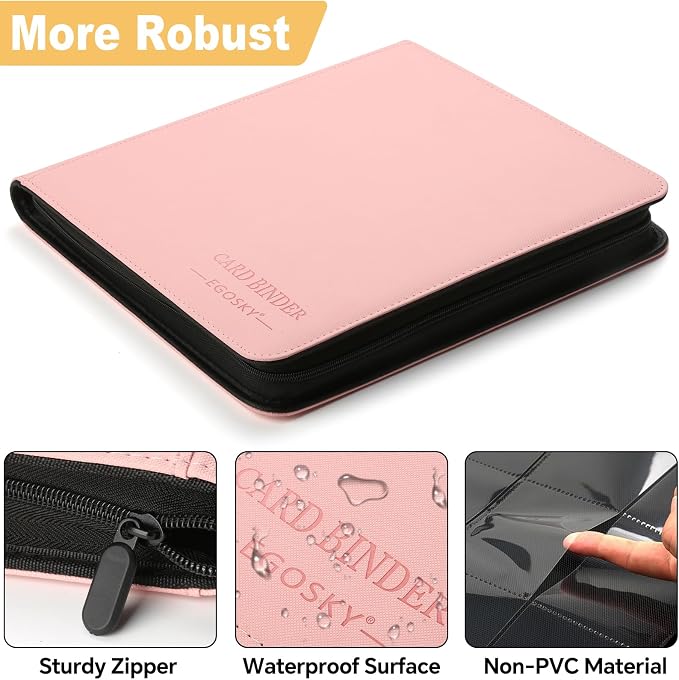 12-Pocket Business Card Binder holds 720 Cards, Premium Diamond Texture PU Leather Name Card Holder Organizer with Zipper, Black Sleeves Side Loading Card Book for Collectors & Office(pink)
