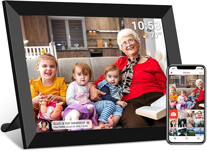 FRAMEO 10.1 inch 32GB Digital Picture Frame, IPS LCD Touch Screen, Auto-Rotate Easy Setup to Share Photos & Videos via Frameo from Anywhere, Gifts for Parents and Grandparents