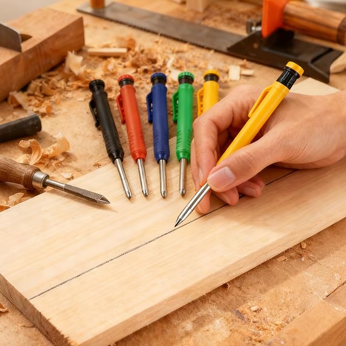 12 Pcs Solid Carpenter Pencils with Built in Sharpener Long Nosed Deep Hole Mechanical Pencil Marker Construction with 72 Pcs 2.8mm Refills for Drafting Architect Tool Woodworking