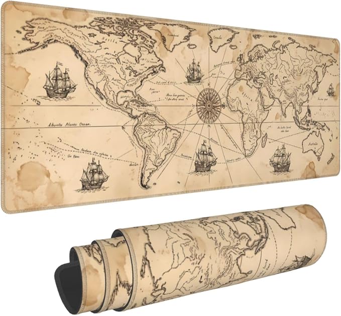 Vintage Map Gaming Mouse Pad Large Extended Desk Mat Non-Slip Rubber Base Keyboard Pad with Stitched Edges for Office Gaming 31.5x11.8 in