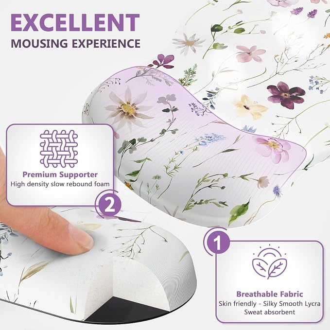 AKITErgonomic Mouse Pad with Wrist Rest for Computer Keyboard, Memory Foam | Cute Flower Keyboard Mouse Pad with Wrist Support Soft, Mousepad Gaming Wrist Pad for Office Work Desk