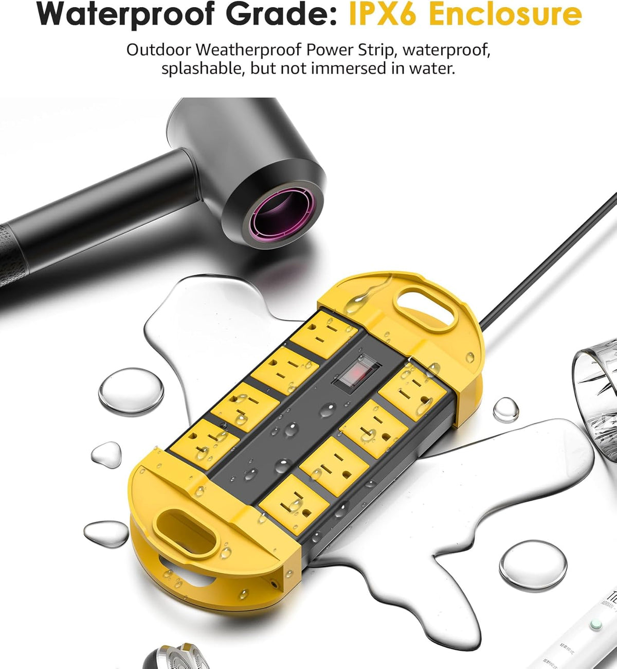 CCCEI 2 Outdoor Power Strips Weatherproof with 8 Plug, Waterproof Extension Cord with Multiple Outlets, Christmas Exterior Garden Yard Surge Protector 6FT, Yellow.