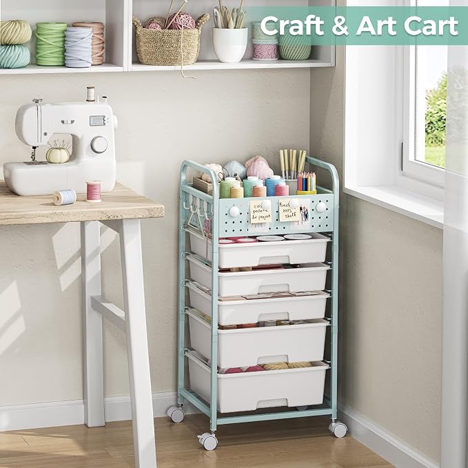 5 Drawer Rolling Storage Cart with Pegboard Top and Hooks, Green | Mobile Utility Organizer with Wheels for Office Supplies, Craft Storage, Classroom Organization, Home Storage Cart