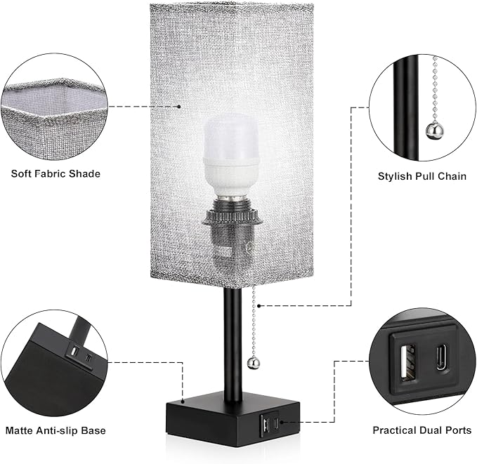 Set of 2 Grey Bedside Table Lamps for Bedroom - Nightstand Lamp, USB C+A | Pull Chain Lamp, 3 Color Modes(3000K/4000K/5000K), E26 LED Bulb Included, Square Grey Fabric Lampshade, for Read, Work, Dorm