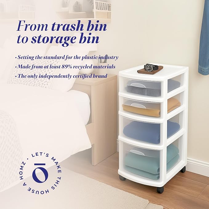 HOMZ Drawer Tower, 4-Tier Storage Cart with Removable Wheels, White Frame | Clear Plastic Rolling Drawers for Desk, Dresser, Cabinet, Bedroom, Bathroom, Classroom & Office