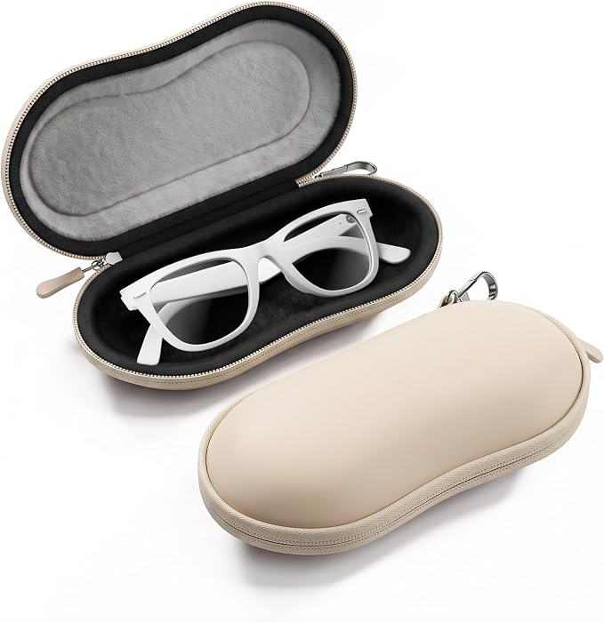 ProCase Sunglasses Case, Hard Shell Glasses Case for Men Women -Beige | Travel Shockproof Eyeglass Case with Metal Hanging Hook and Velvet Lining, Zipper Sport Glasses Holder Organizer for Gifts