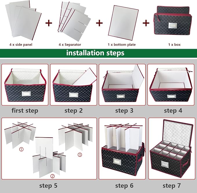 Christmas Stemware Storage Cases with Dividers- Holds 24 Wine Glass Storage or Crystal Glassware Containers, China Storage Containers with 2 Handles and Lable Window -Set of 2 Black
