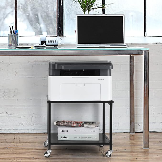 BTY Under Desk Printer Stand Small Printer Table with Storage Shelf 2 Tier Rolling Printer Stand Rack with Lockable Wheels for Office Home Scanner Printer (Black)