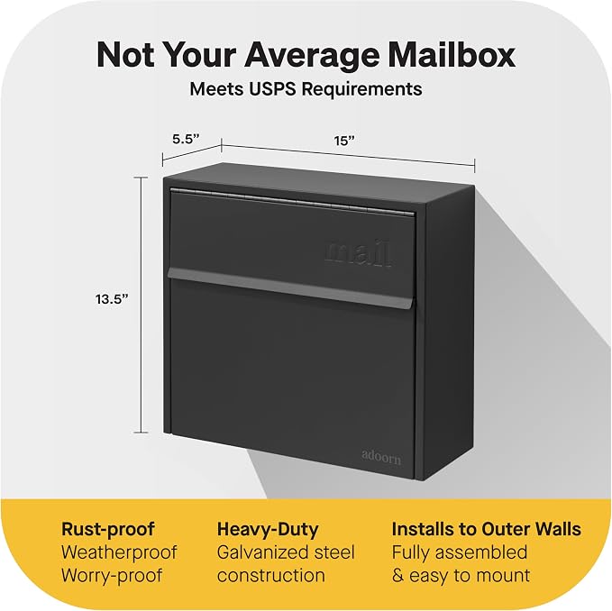 Adoorn Lockable Wall Mount Mailboxes for Outside - Small Anti-Theft Locking Mailbox for Letters - Weatherproof Construction - Durable Steel - 13.5" H x 15" L x 5.5" D - Black