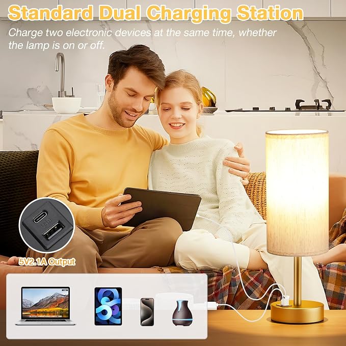 Dicoool Bedside Table Lamp for Bedroom - 3-Way Dimmable Touch Lamp, USB A+C | LED Bulb Included, 14" Small Nightstand Lamp for Desk, Living Room, Guest Room, Cream Fabric Lampshade, Gold Metal Base