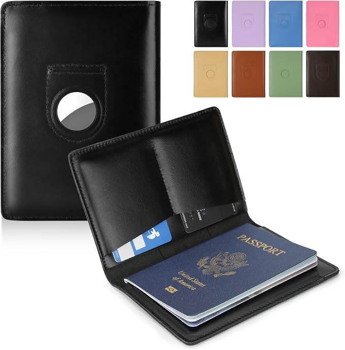 Full Grain Leather Passport Holder Cover for Men and Women Travel, Passport Wallet with AirTag Slot, Travel Must Haves Essentials Genuine Leather Passport Covers Gifts