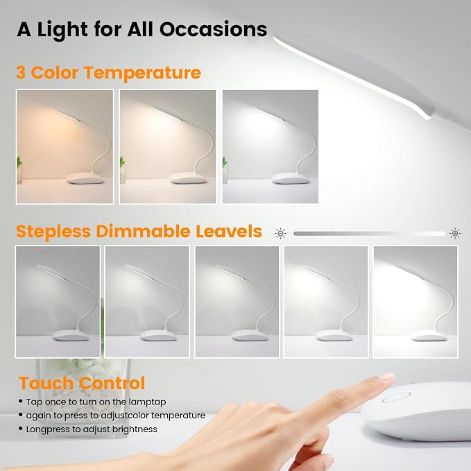 Portable Battery Powered Desk Lamp Small Rechargeable LED Table Light | 400 Lumen Eye Care,3 Color Temperatures,Stepless Touch Dimming,360° Adjustable for Nail Study Dorm Office Bedroom,White 2 Pcs