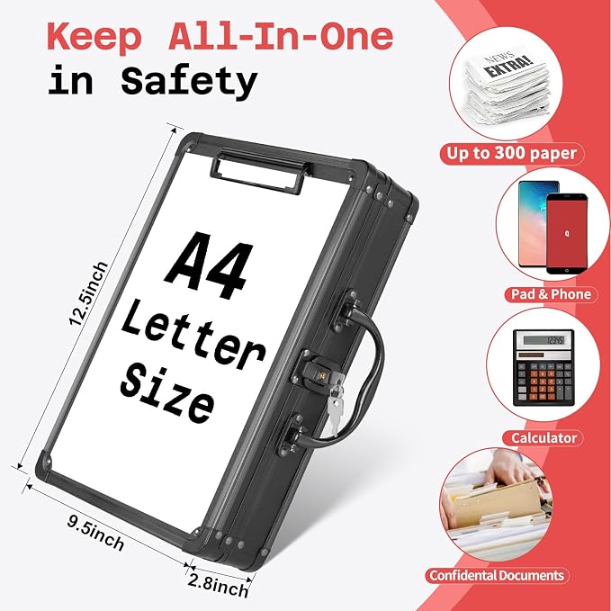 Sooez Key Lock Clipboard Storage Box, Heavy Duty Clipboard with Storage | Metal Locking Box with Handle, Lock Box Maximum Security - Holds Letter Size Paper, 12.5 x 9.5 inch, Black