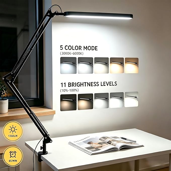 Desk Lamp for Home Office, Eye Comfortable LED Desk Light for Long Hours, Adjustable Swing Arm with Memory Function, Black