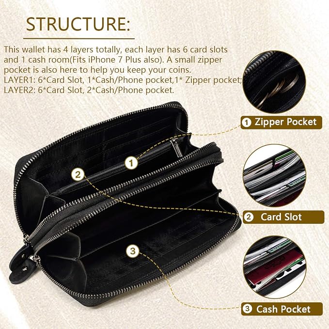 Genuine Leather Long Wallet for Men, Large Capacity Purse Clutch Bag Handbag Checkbook Cash Credit Cards Phone Holder | Large Capacity