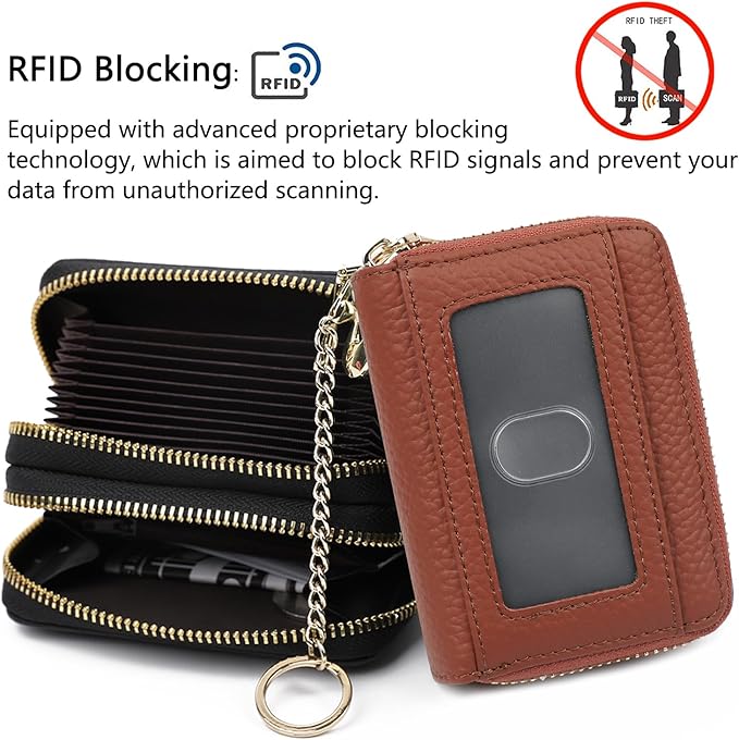 imeetu RFID Credit Card Holder, Small Card Wallet Women, Leather Card Case | Genuine Leather Women's Card & id Cases, Change Coin Purse with Zipper Keychain id Window, 20 Colors & 3 Styles, Daily, Gifts