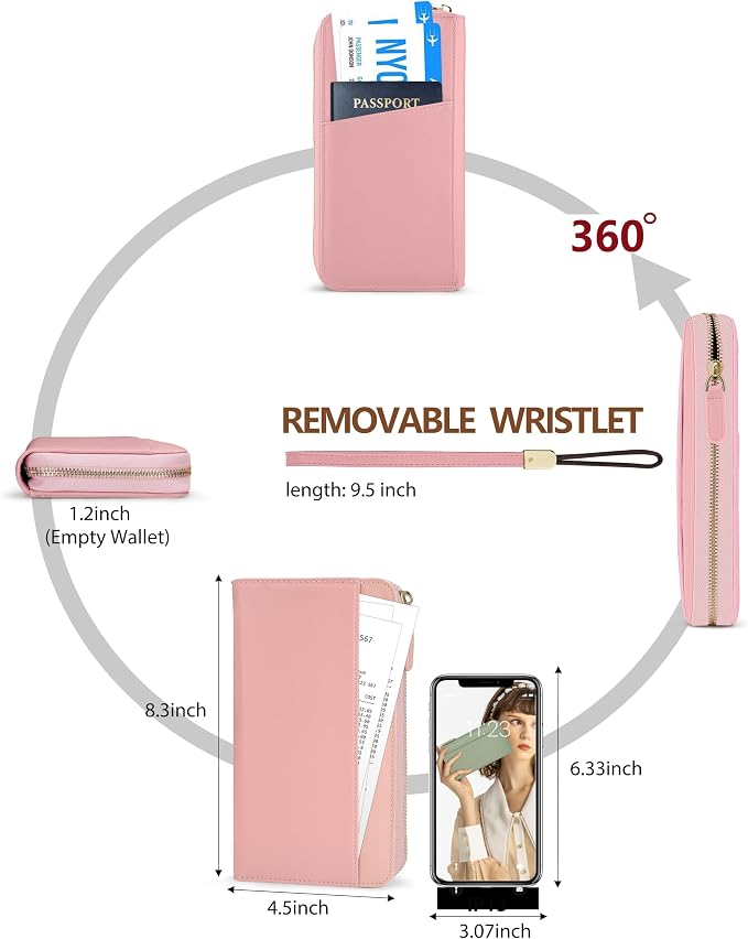 Large Travel Wallet for Women | RFID Blocking Zipper Wallet,Passport Holder Clutch with Wristlet
