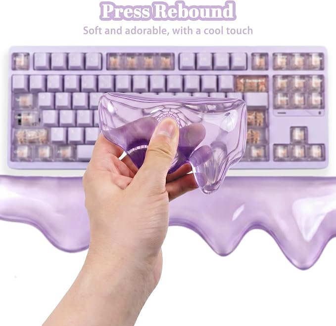 Acrylic Computer Keyboard Stand with Gel Mountain Wrist Rest Keyboard Riser with Comfortable Clear Silicone Mouse Wrist Pad Ergonomic Tilted Transparent Keyboard Holder for Desktop Office Purple
