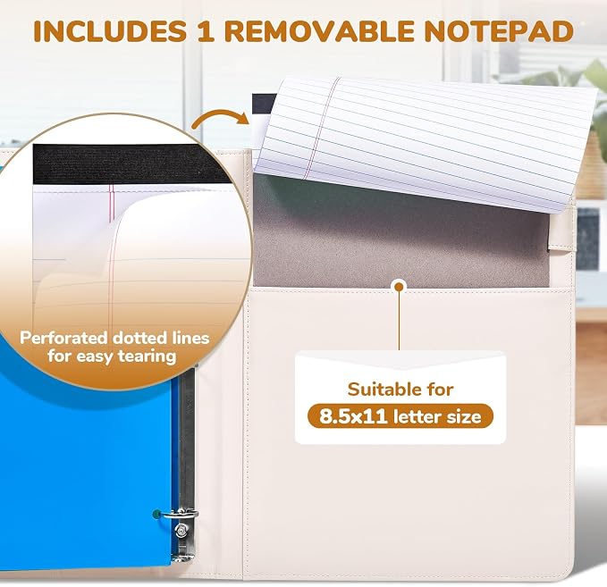 JoyCat 3 Ring Binder Clipboard with Storage, 5 Folders, Beige | 3 ring clipboard portfolio combines five expandable folders, a refillable letter-size notepad and storage