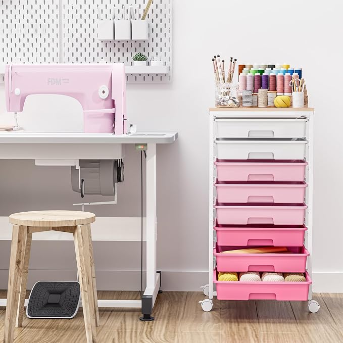 TOOLF Rolling Storage Cart with 8 Drawers,Rose Pink | Utility Cart on Wheels with Wooden Tabletop,Teacher Organization for Classroom, Art Cart for Office,Bedroom,Craft Room