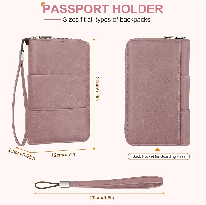 RFID Family Passport Holder Wallet - Travel Document Organizer | PU Leather, with Wristlet, Zipper, Cards, Boarding Pass, ID, Cash, Ticket Pockets,Travel Essentials Gifts for Women Men