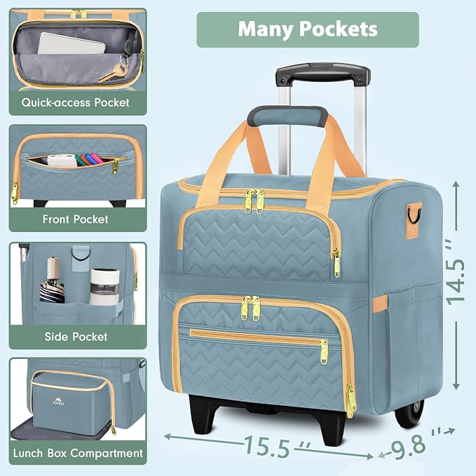 MATEIN Rolling Teacher Bag with Wheels, 15.6 Inch Rolling Tote Bag for Work | Detachable Cart, with Insulated Lunch Box, Computer Bag, Rolling Briefcase for Nurse Work Business Office