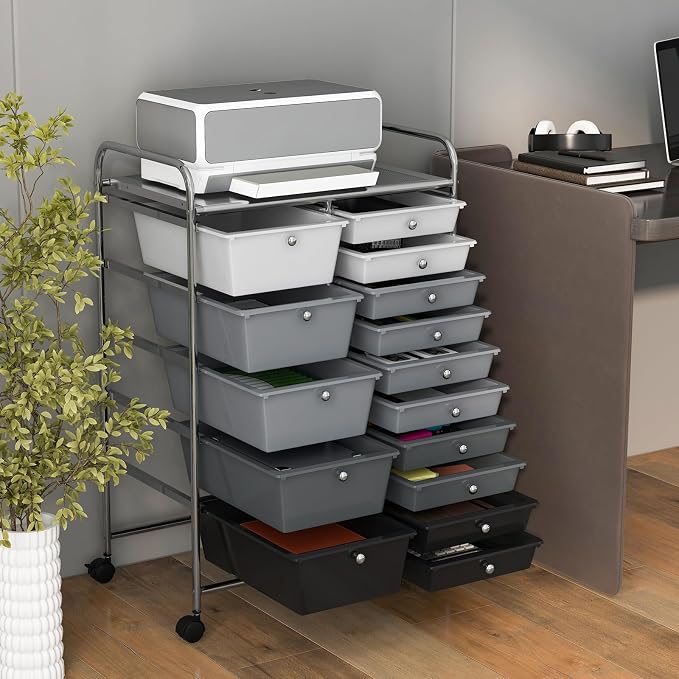 RELAX4LIFE 15-Drawer Storage Drawer Cart - Mobile Rolling Utility Cart with Wheels, Steel Frame, Craft Organizer for Classroom Organization and Storage, School, Office, Home, Gradient Black