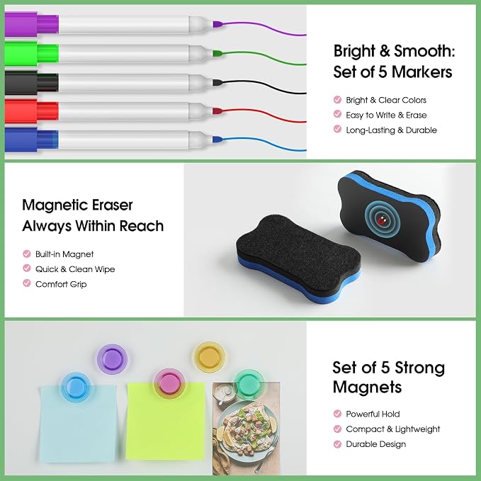 MaxGear Magnetic Whiteboard for Fridge 12x8 Multicolor 5 Pack | Strong Magnet, Dry Erase, Reusable, Easy Clean, Stain Resistant, Meal Planner, Grocery List, Family Notes, Kitchen Organizer