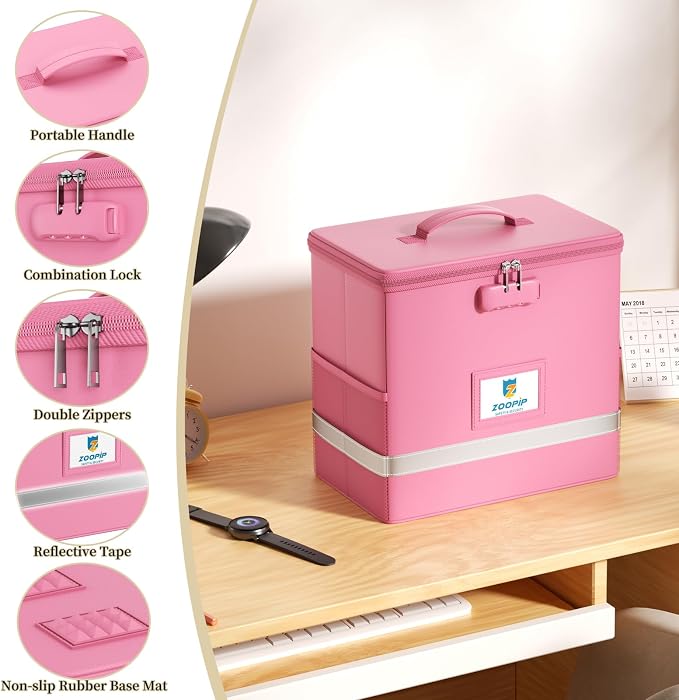Fireproof File Box with Lock, Collapsible Document Organizer, Pink | Suitable for Hanging Folders in Letter Size, Reflective Strip for Fast Find, Home Office Safe Protection,12.2"x6"x10.2"