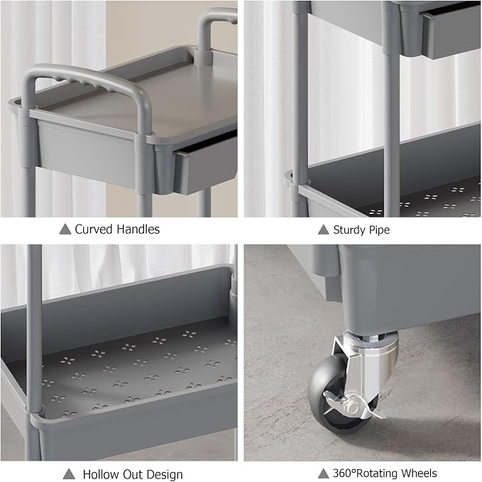 4 Tier Rolling Utility Cart with Drawer, Plastic Storage Organizer Rolling Carts with Wheels Handles Hanging Cups Hooks for Office, Bathroom, Kitchen,Craft Art Room (Grey)