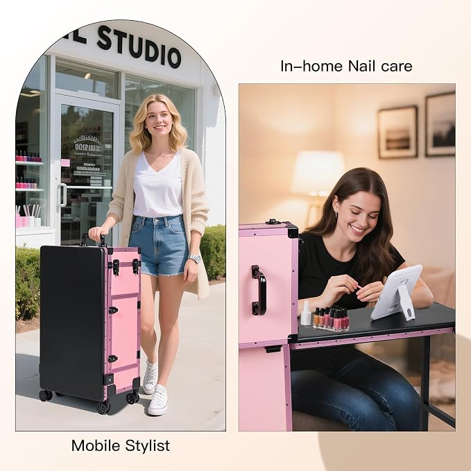 Rolling Portable Manicure Table with 3 Drawers, Lockable Makeup Train Case with Detachable Mirror, Foldable Nail Desk with Wheels & Handle, Mesa de Uñas Profesional para Nail Techs & Salon Use, Pink