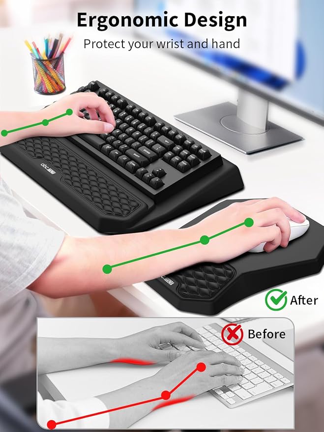 3-in-1 Ergonomic Keyboard Stand with Wrist Rest & Mouse Pad Set, Black | Comfy Keyboard Riser Holder Soft Mousepad with Massage Design, Memory Foam and Non-Slip PU Base for Pain Relief