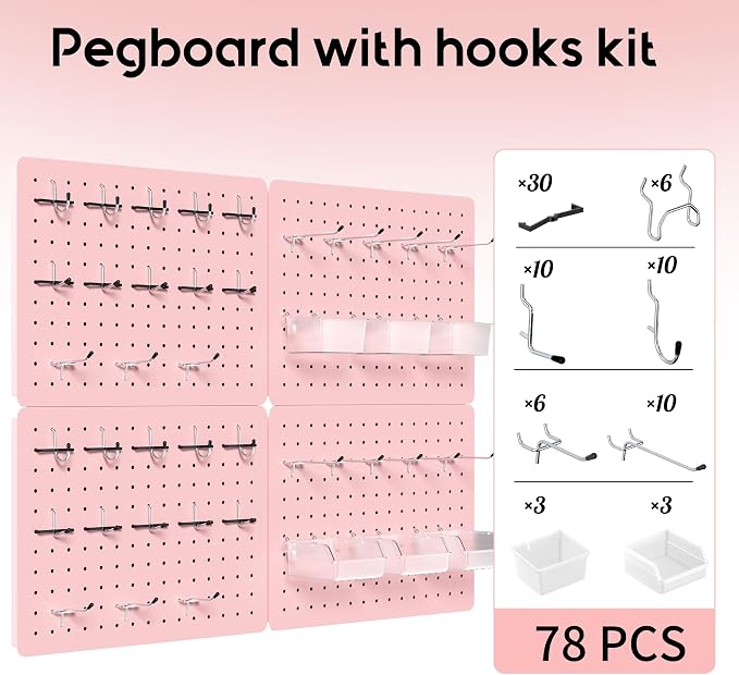 Pegboard Organizer Kit, 4 Pack 12 x 16 in Steel Panels with 6 Bins, Pink | 6 clear storage bins organize screws and small parts; 36 hooks and 30 peg locks keep garage tools sorted and easy to reach.