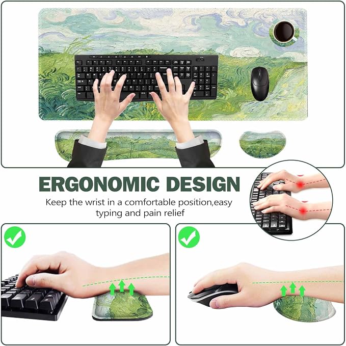 ToLuLu Extended Gaming Mouse Pad, Memory Foam Keyboard Mouse Wrist Rest Set | Large Desk Mat with Stitched Edges, Non-Slip Base Ergonomic Support Mousepad for Home Office Game and Study, Green Theme