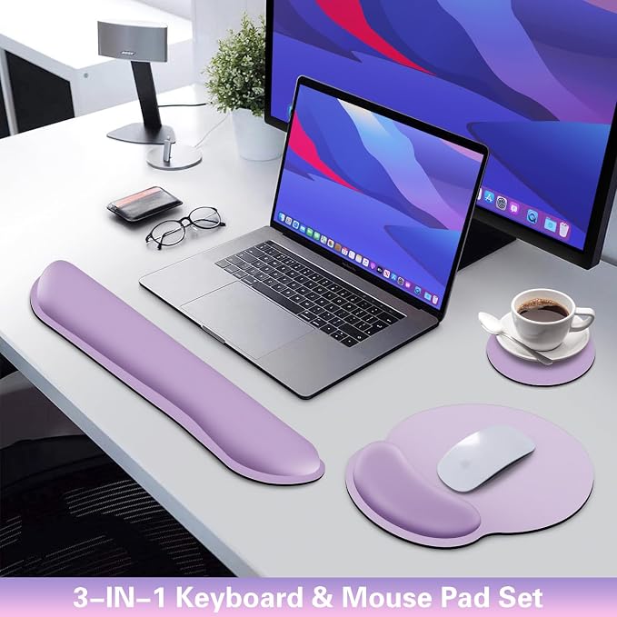 Mouse Pad with Wrist Rest Set, 3-in-1 Wrist Support Mousepad | Gaming Mat Pad with Anti-Skid Base,Ergonomic Mouse Pad Purple,Memory Foam Gel Wrist Rest for Computer Keyboard