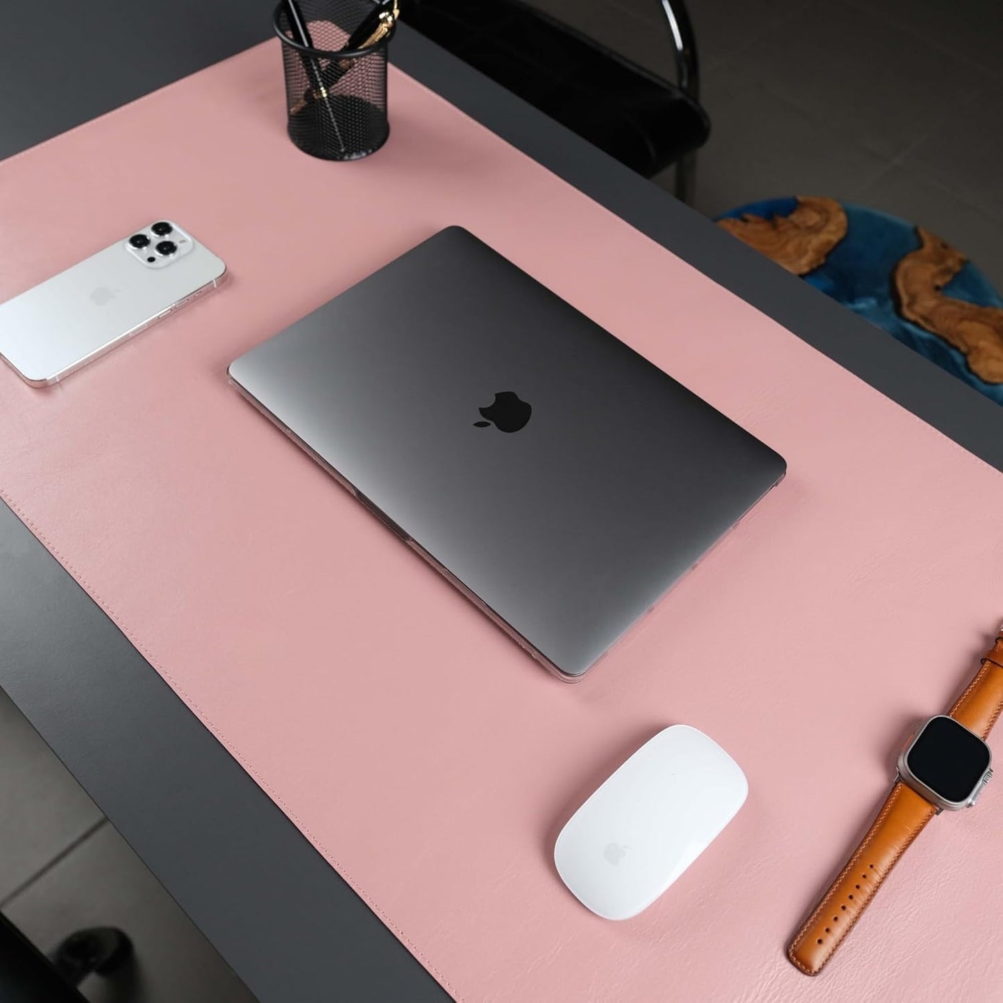 Jersey Genuine Calfskin Leather Desk Pad, Office Desk Mat with Non-Slip Bottom, Smooth Surface for Mouse & Keyboard, Desk Protector (14.6x31.5 inches) (Pink)