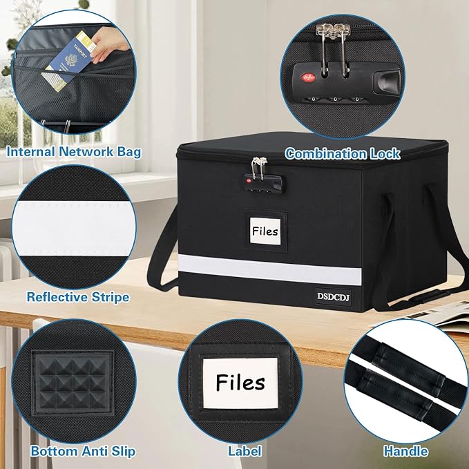 File Box with Lock - Portable File Organizer Box with Handle, Sturdy Important Document Organizer with Label, Slide, Reflective Strip for Hanging Letter/Legal Folder