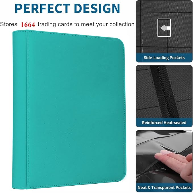 Trading Card Binder 16 Pocket, 1664 Pockets Ringless PU Cover Card Collection Binder, Double Sided Card Binder Collector Album, Card Folder for MTG, TCG, Sports Cards, Game Card (Teal, 16Pockets)
