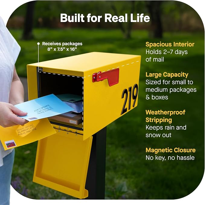 Adoorn Post Mount Outdoor Mailboxes - Large Decorative Mailbox for Letters and Packages - Weatherproof Construction - Durable Steel - Magnetic Closure - 9.5” H x 9.5” W x 20.75” D - Yellow