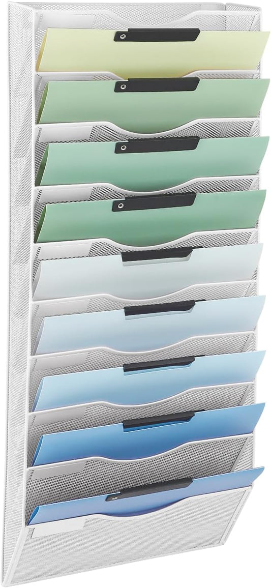 10 Pocket Mesh Hanging Wall File Organizer, Wall Mounted Mail Paper Document Folder Holder, Clipboard Storage Organization Magazine Rack with Nametag Label for Office Home School, White